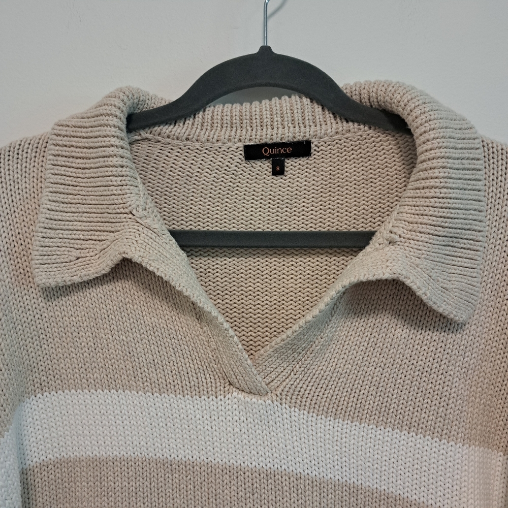 Quince 100% Organic Cotton Cropped Polo Sweater Beige Striped Fishman Sz S - Picture 3 of 10